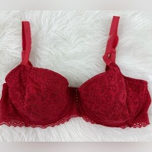 On Gossamer Women's Size 32D Red Unlined Lace Balconette Rhinestone Bra